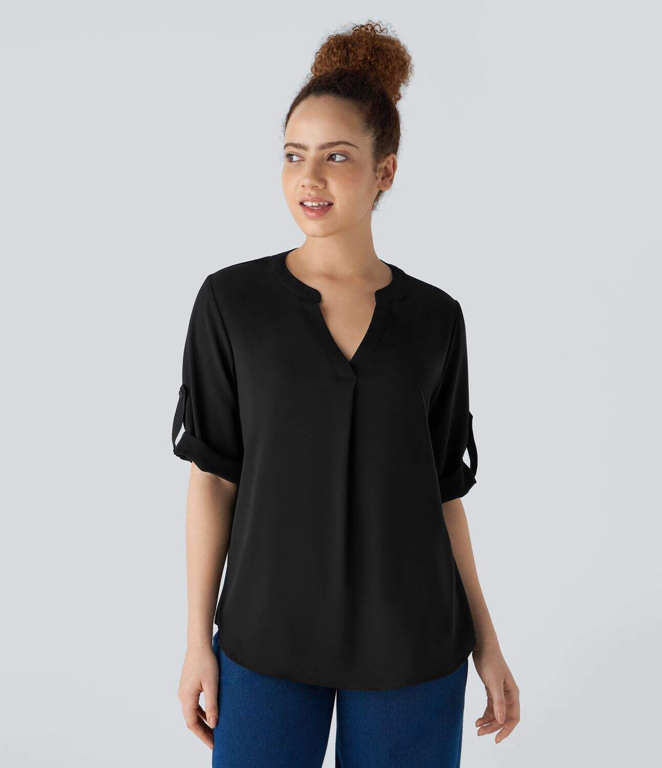V Neck Button Three Quarter Sleeve Curved Hem Work Shirt