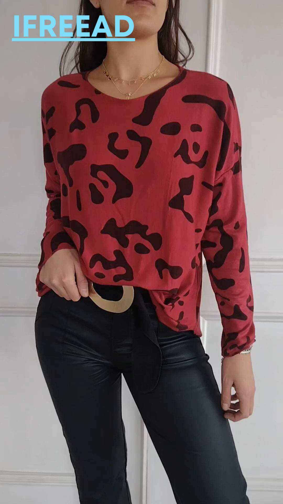 Women's Round Neck Leopard Print Long Sleeve Top