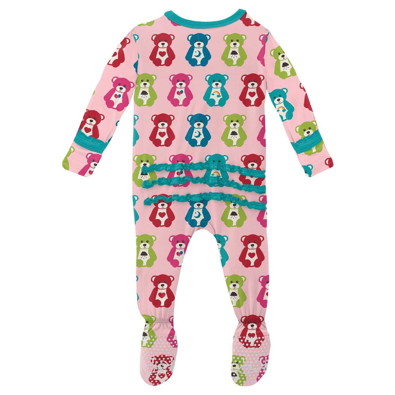 Print Muffin Ruffle Footie with Snaps in Lotus Happy Teddy