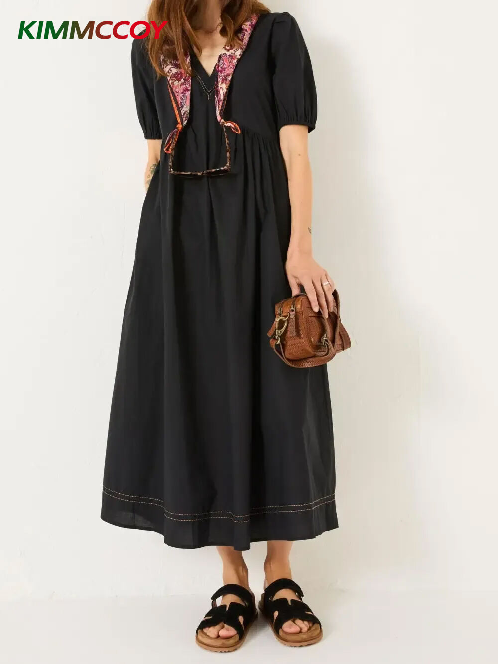 Black Embroidered Cotton Midi Dress