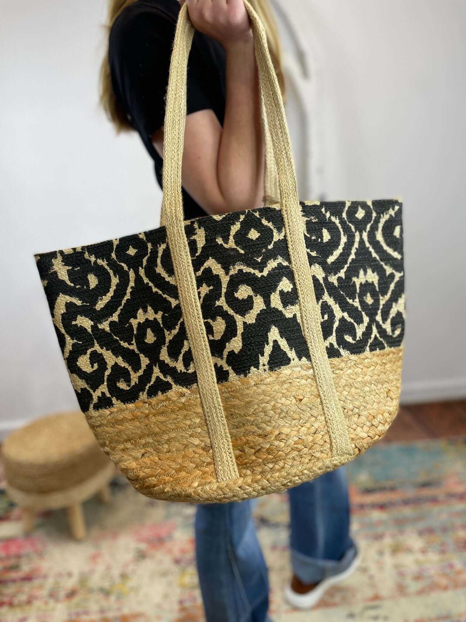 Black Geo Vines Painted June Shopper Jute Tote Bag