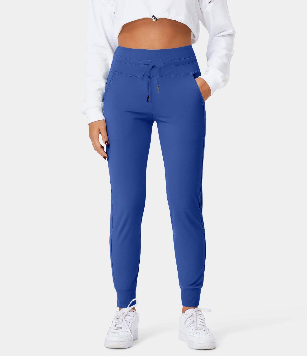 Airy High Waisted Drawstring Side Pocket Plain Cool Touch Full Length Joggers-UPF50+