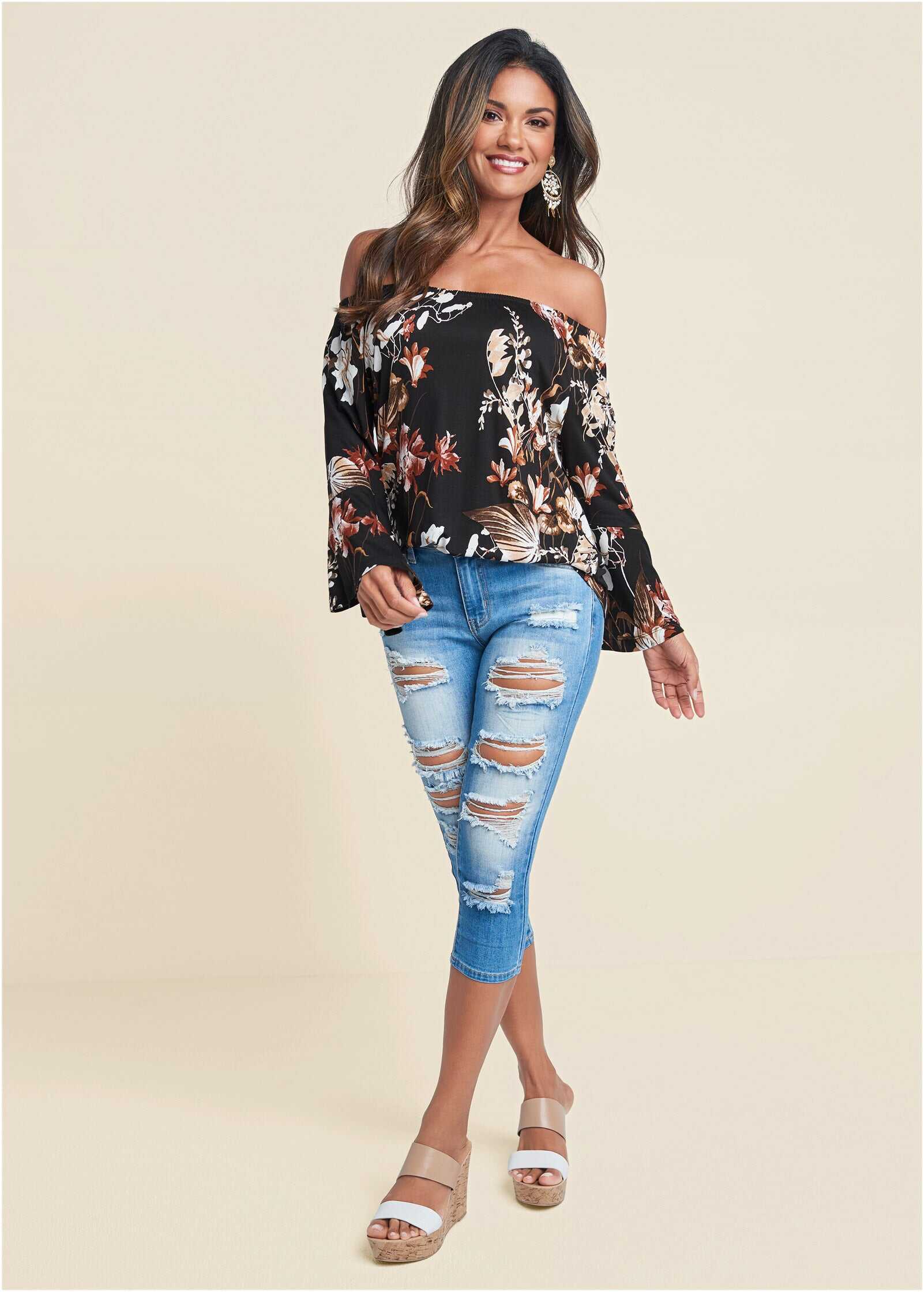 Bell Sleeve Printed Top - Black Multi