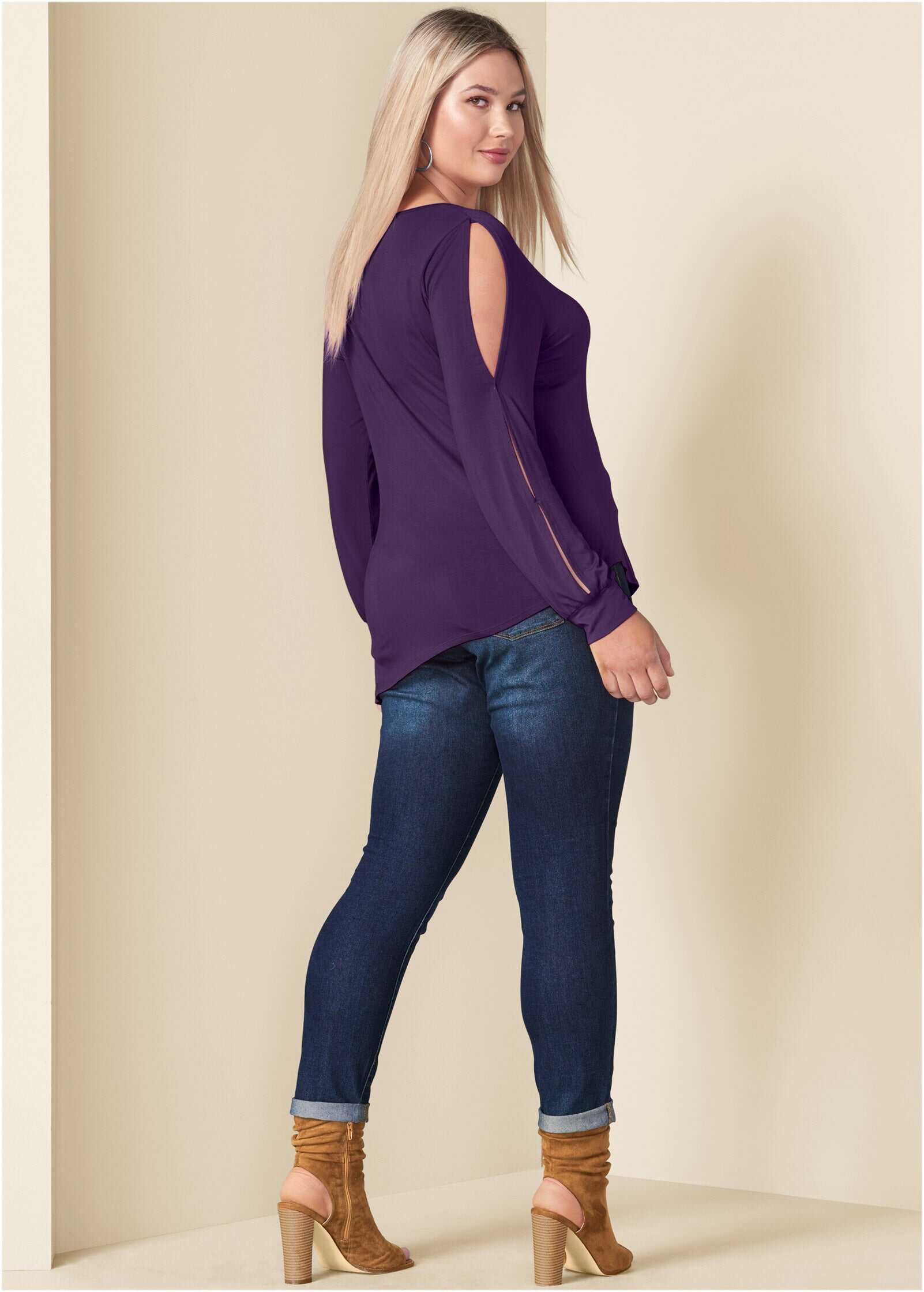 V-Neck Cold-Shoulder Top - Dark Purple