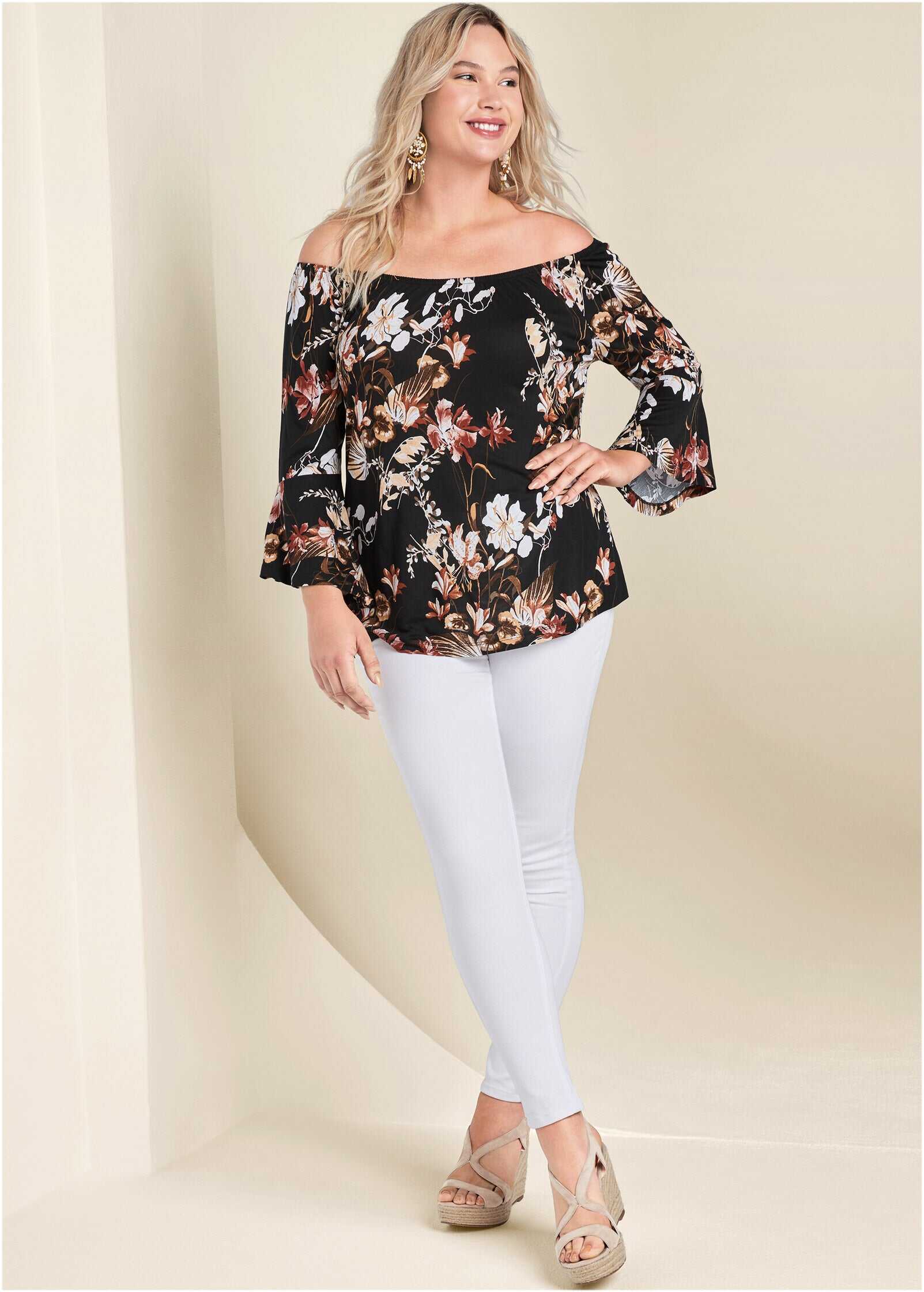 Bell Sleeve Printed Top - Black Multi