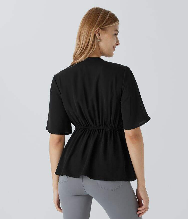 V Neck Short Sleeve Wrapped Tie Front Work Blouse