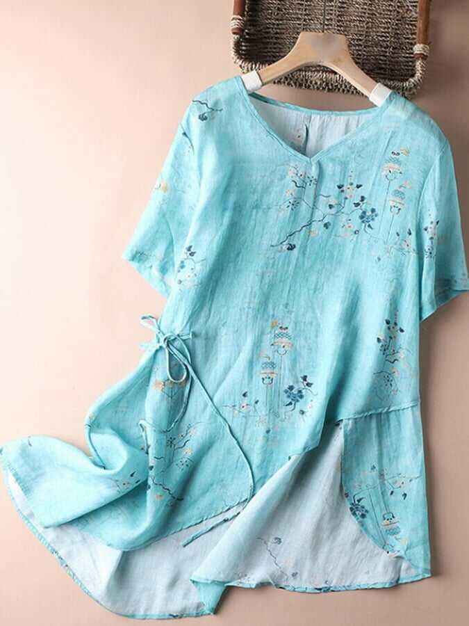 Printed Thin Vintage V-Neck Short Sleeved Shirt
