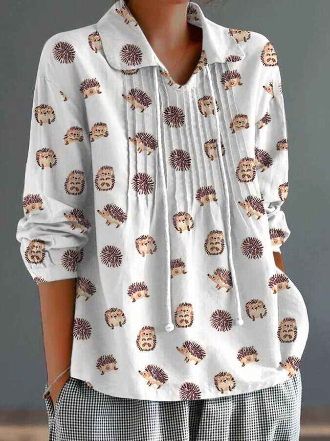Women's Hedgehog Pattern Design Lapel Pleated Lace-Up Long Sleeve Loose Versatile Shirt