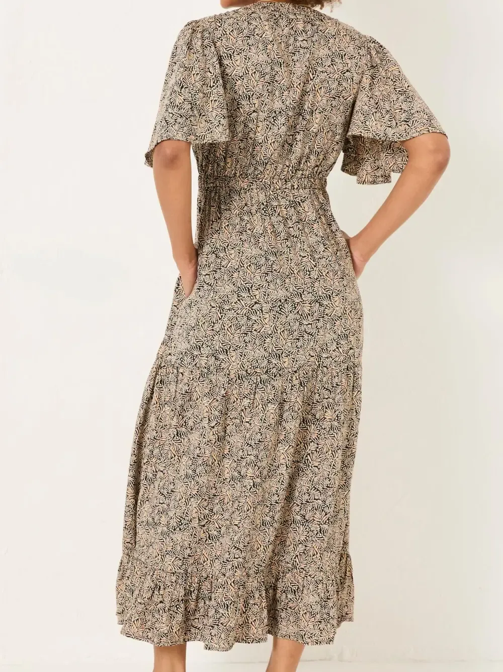 Black Floral Waist Tie Midi Dress