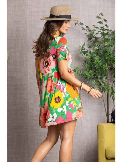 Bold Floral Short Sleeve Babydoll Mini Dress