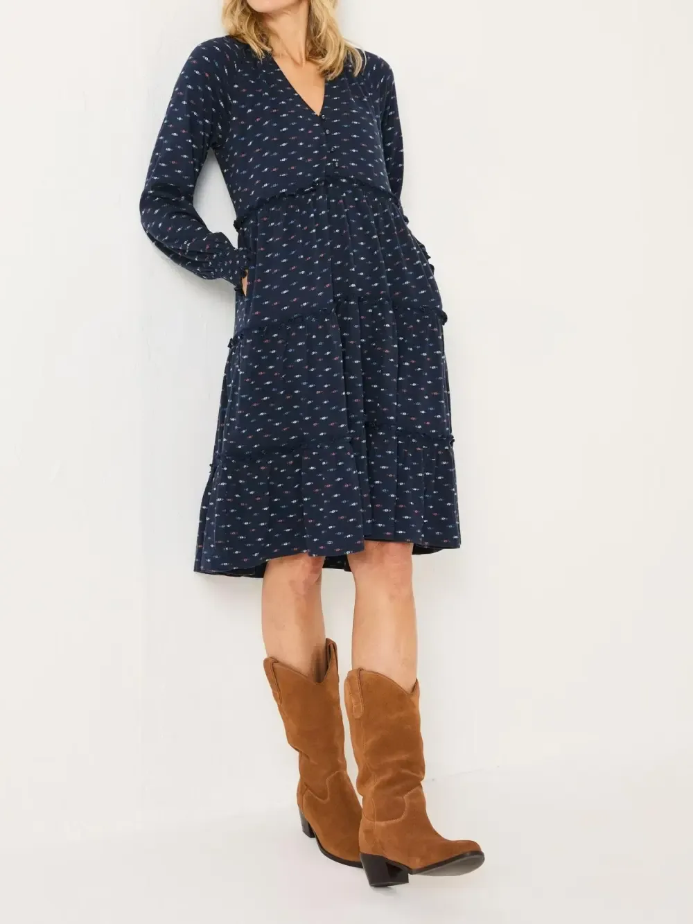 Pure Cotton Jersey Printed V-Neck Tiered Dress
