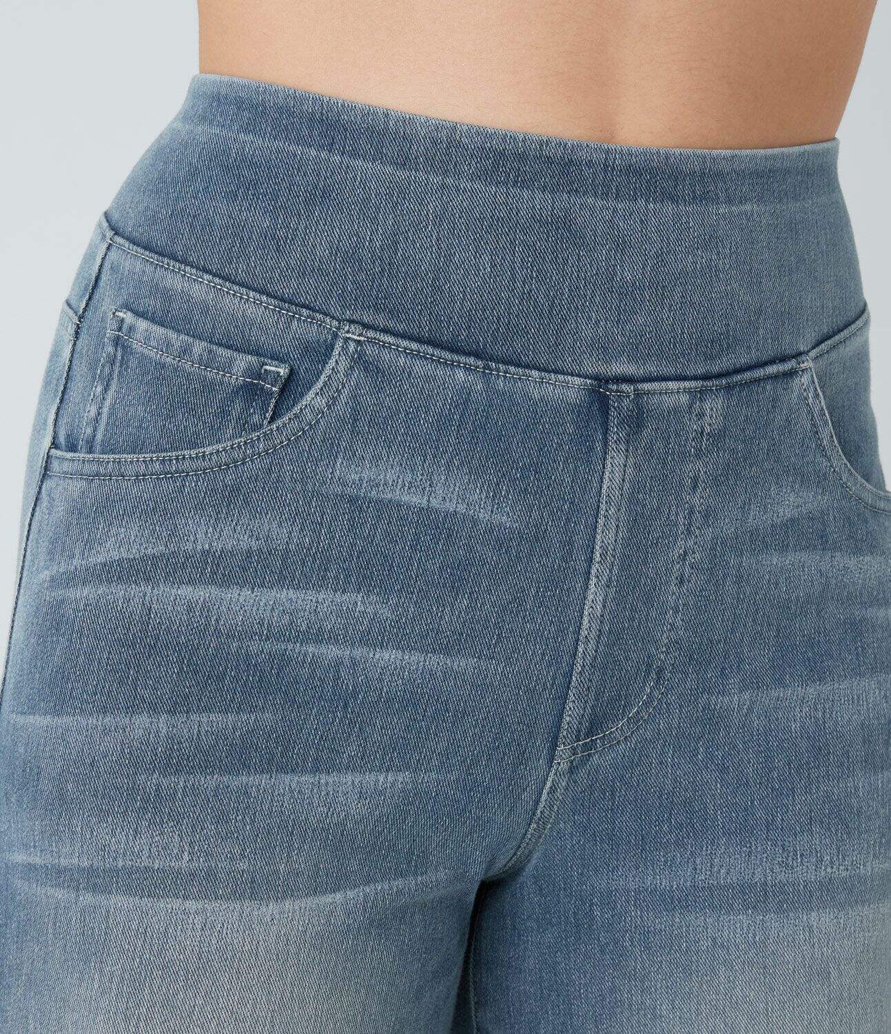 High Waisted Multiple Pockets Wide Leg Washed Stretchy Knit Casual Jeans