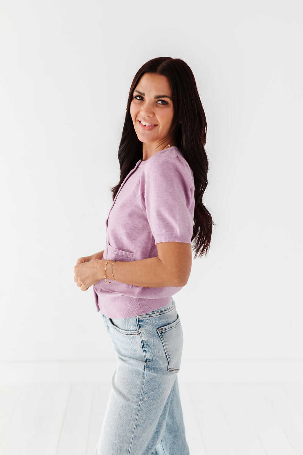 Betty Short Sleeve Cardigan in Blush - Size XL Left
