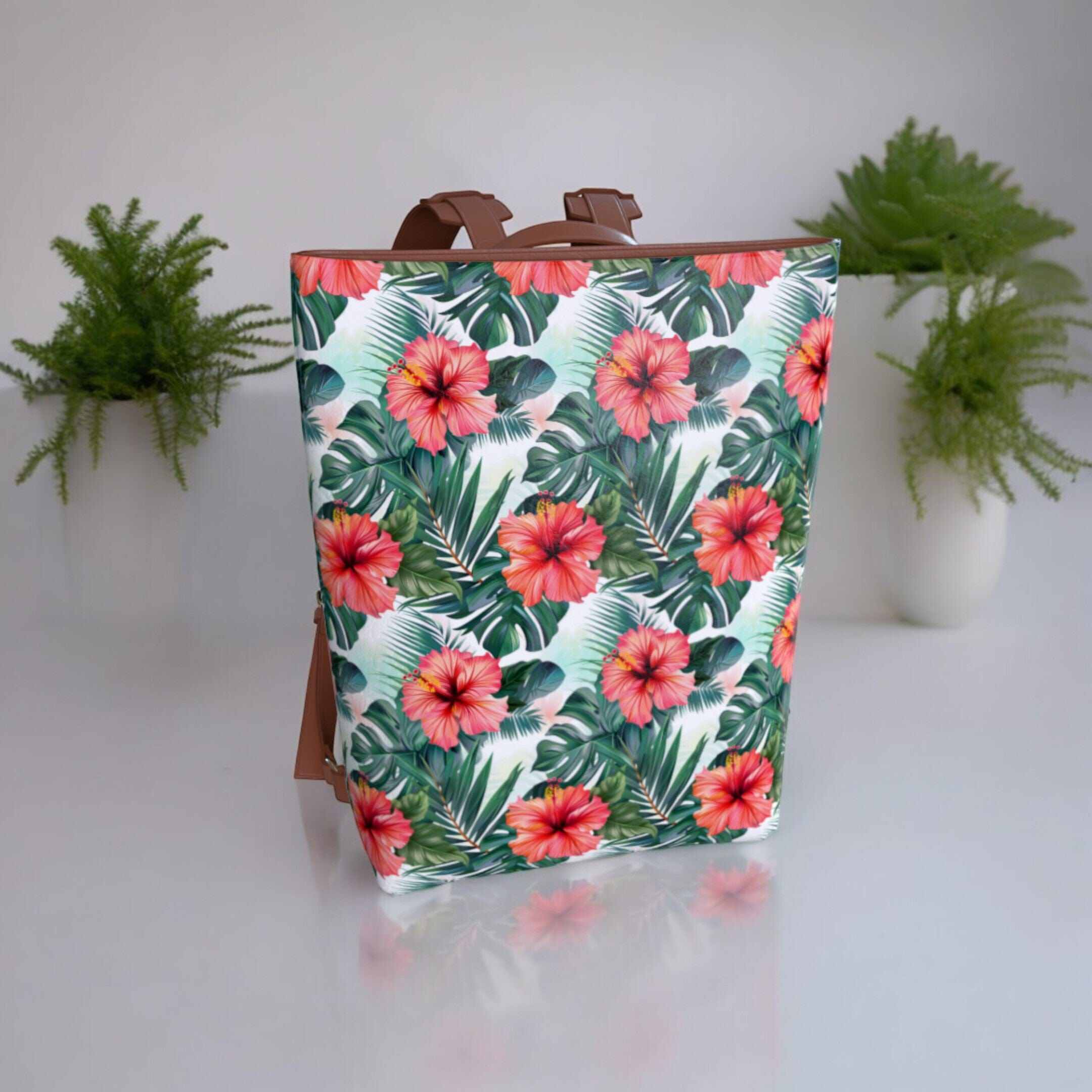 Vegan Leather Backpack, Floral Hibiscus