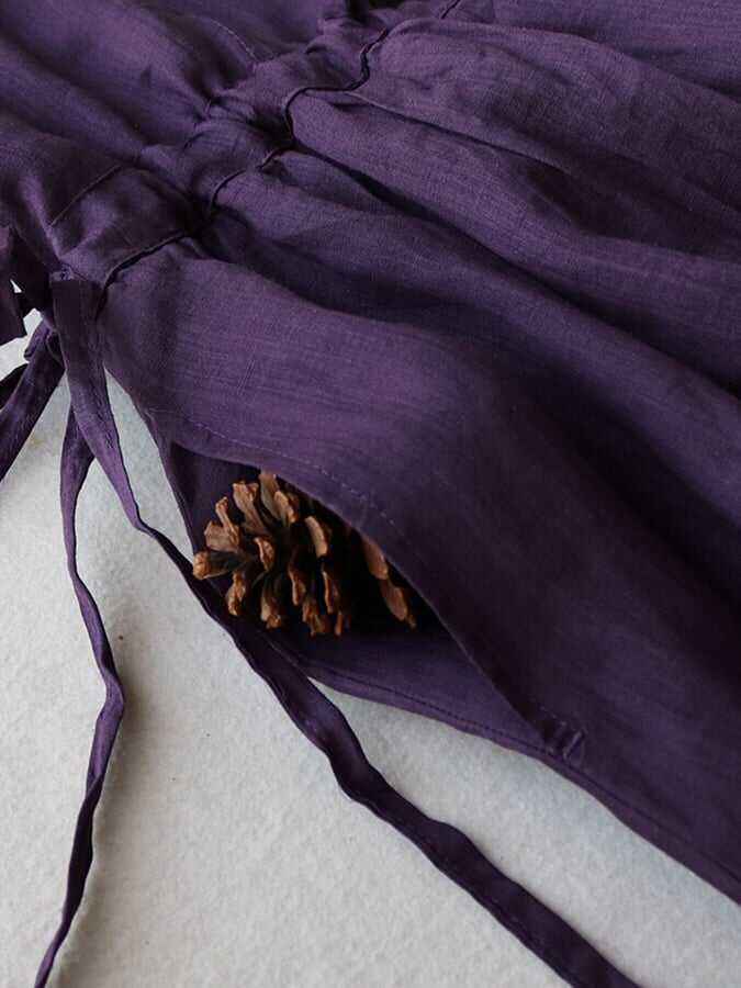 Cotton Linen 5/4 Sleeve Polo Neck Tie Up Dress