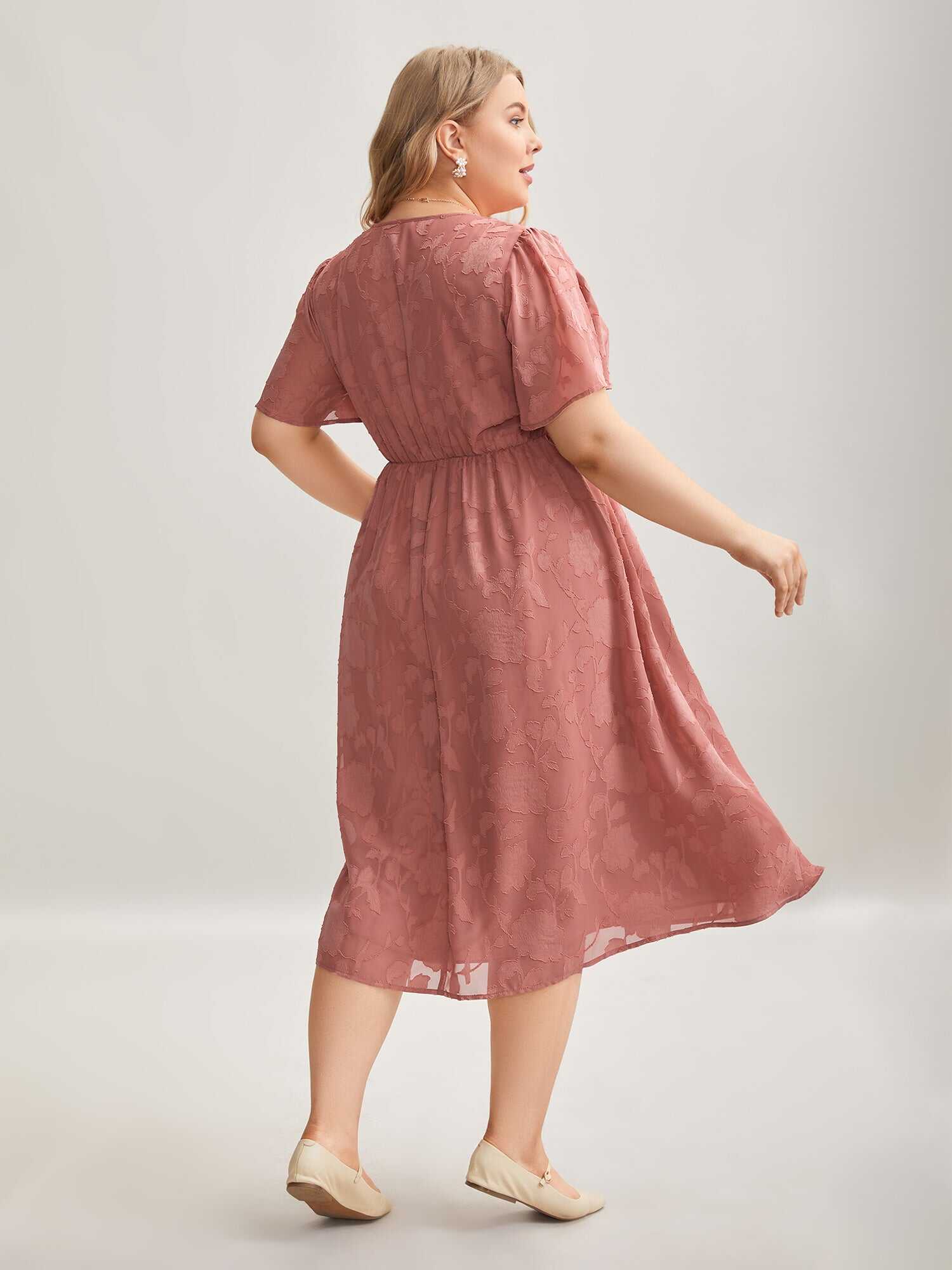Textured Surplice Neck Flared Sleeve Midi Dress