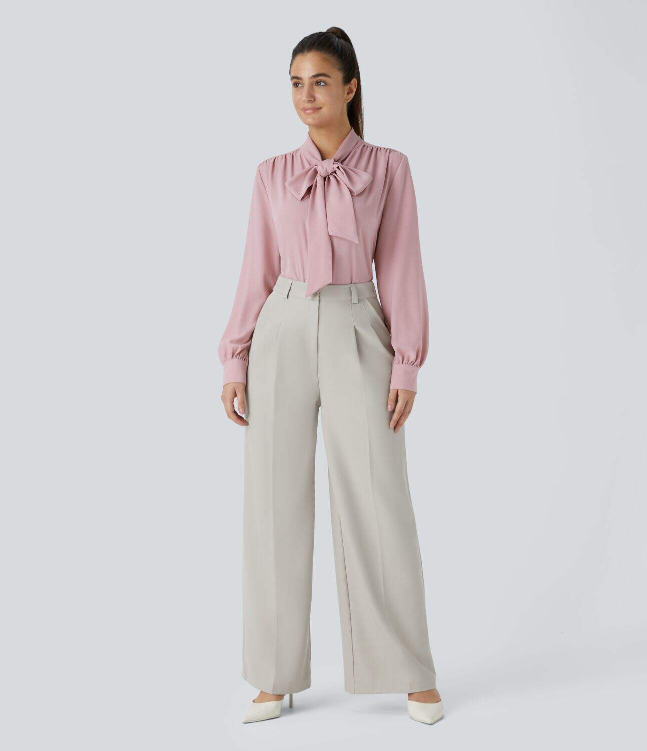 Tie Neck Plicated Long Sleeve Button Work Blouse