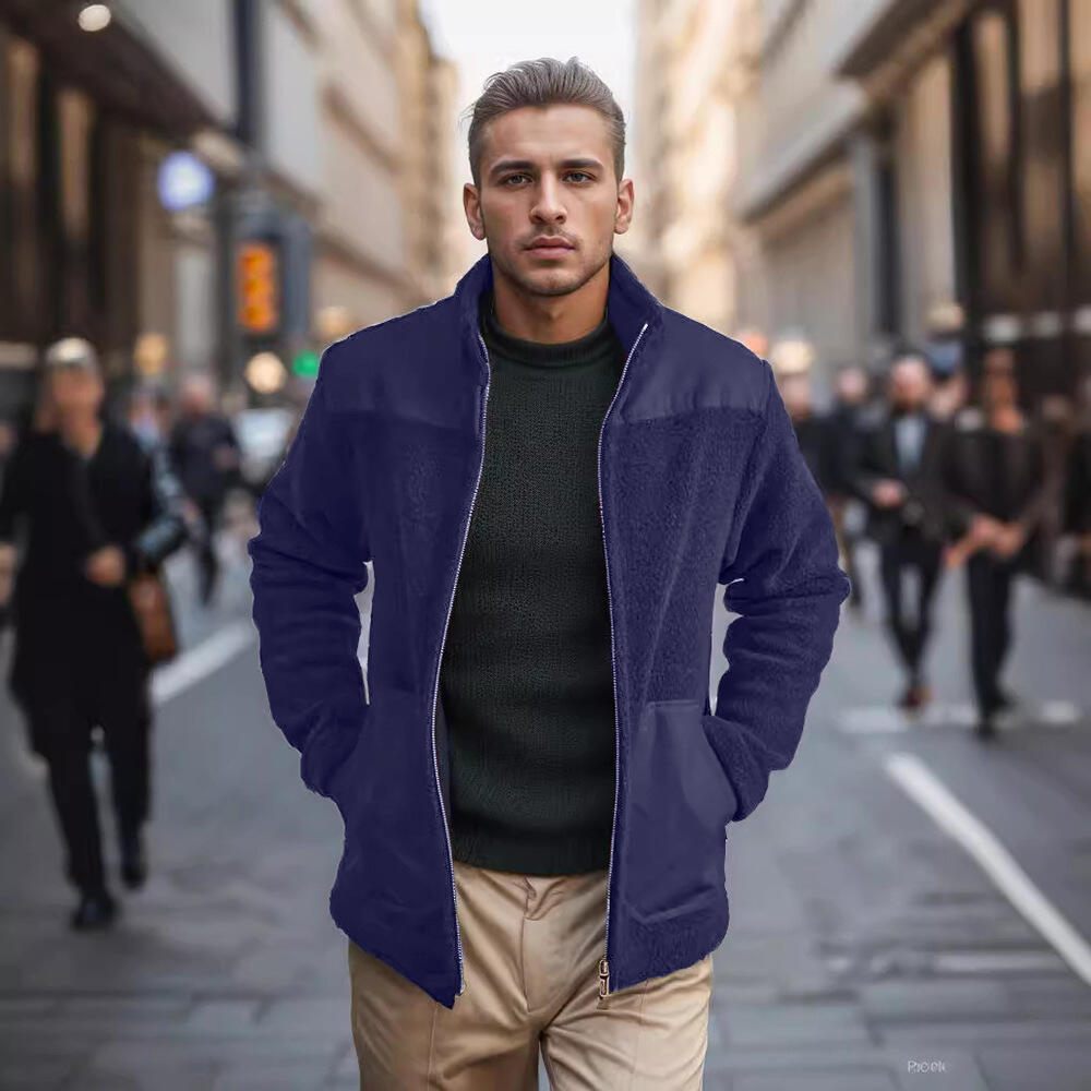 Mens Coat Fashion Patchwork Slim Fit Zip Jacket Fall Trendy Stand Collar Lightweight Warm Sport Coat with Pocket