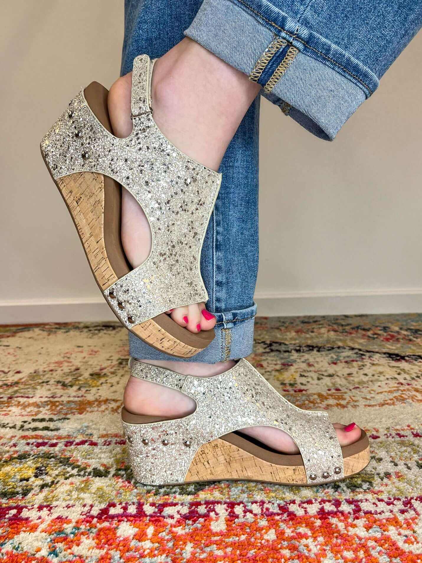 Corkys Footwear Carley Wedge Sandal - Beige New Glitter