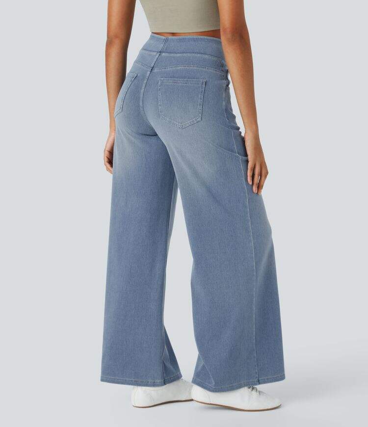 High Waisted Multiple Pockets Wide Leg Washed Stretchy Knit Casual Jeans