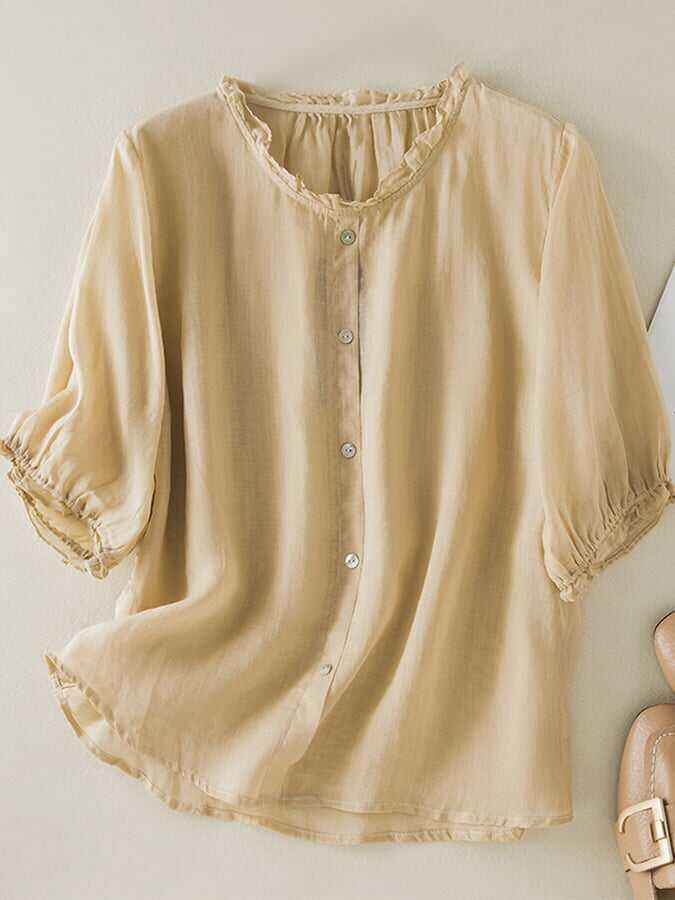 Vintage Art Ruffle Round Neck Casual Shirt
