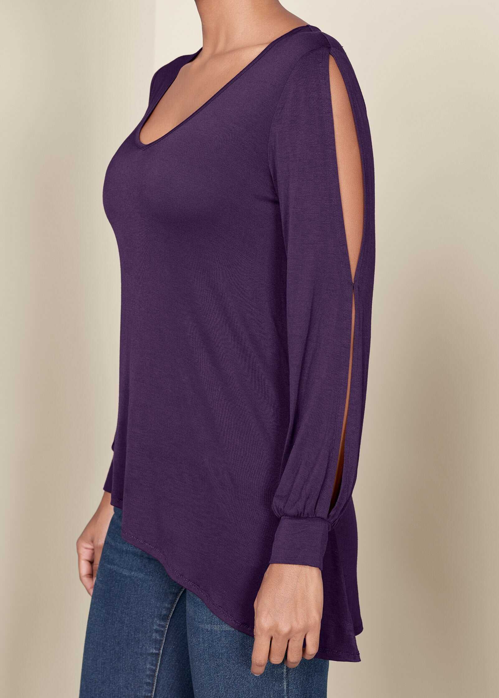 V-Neck Cold-Shoulder Top - Dark Purple