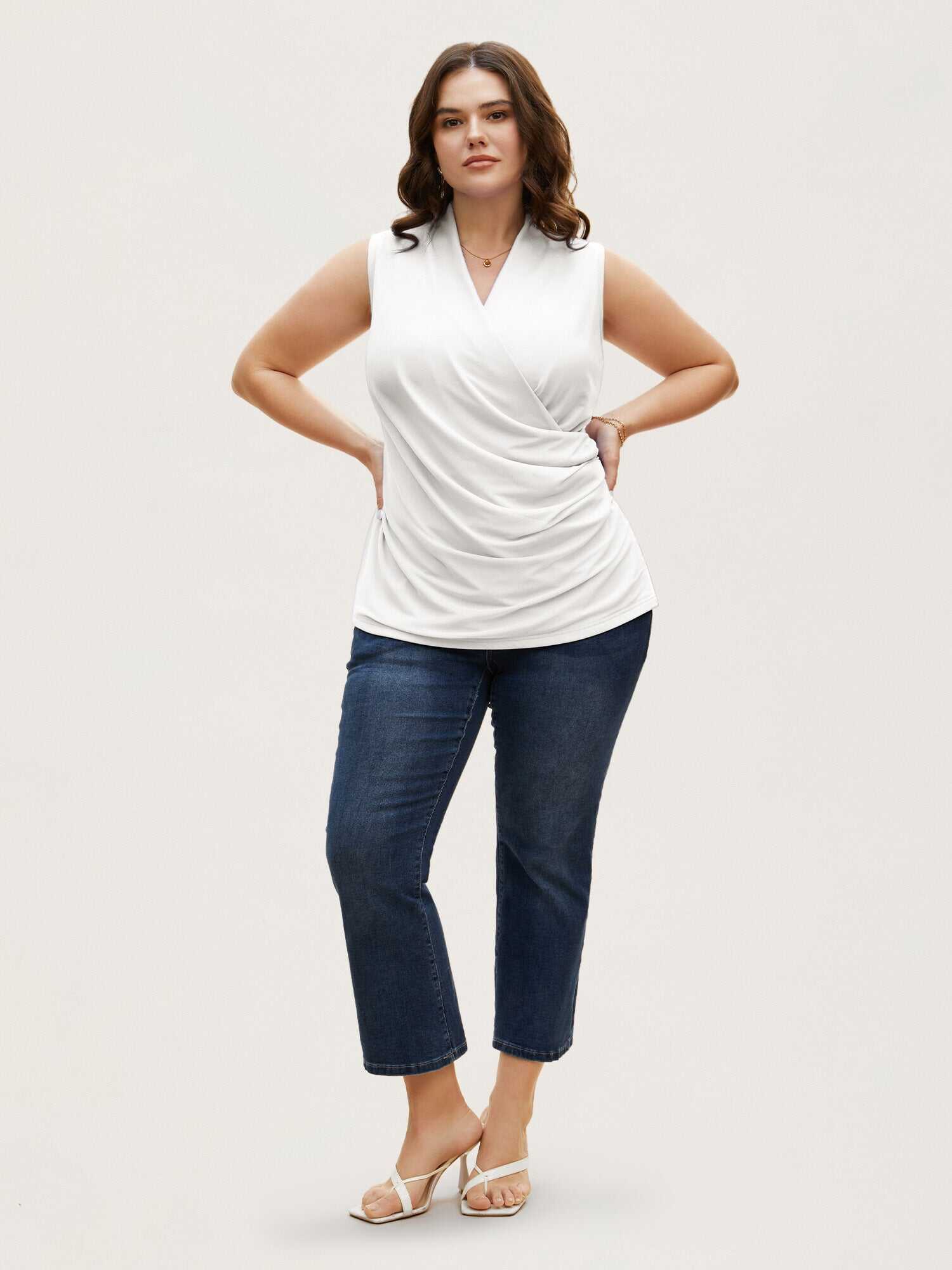Overlap Collar Solid Pleated Tank Top