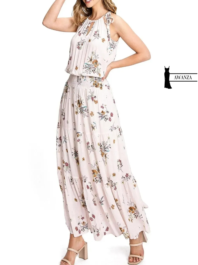 Light Blue Floral Halter Maxi Dress