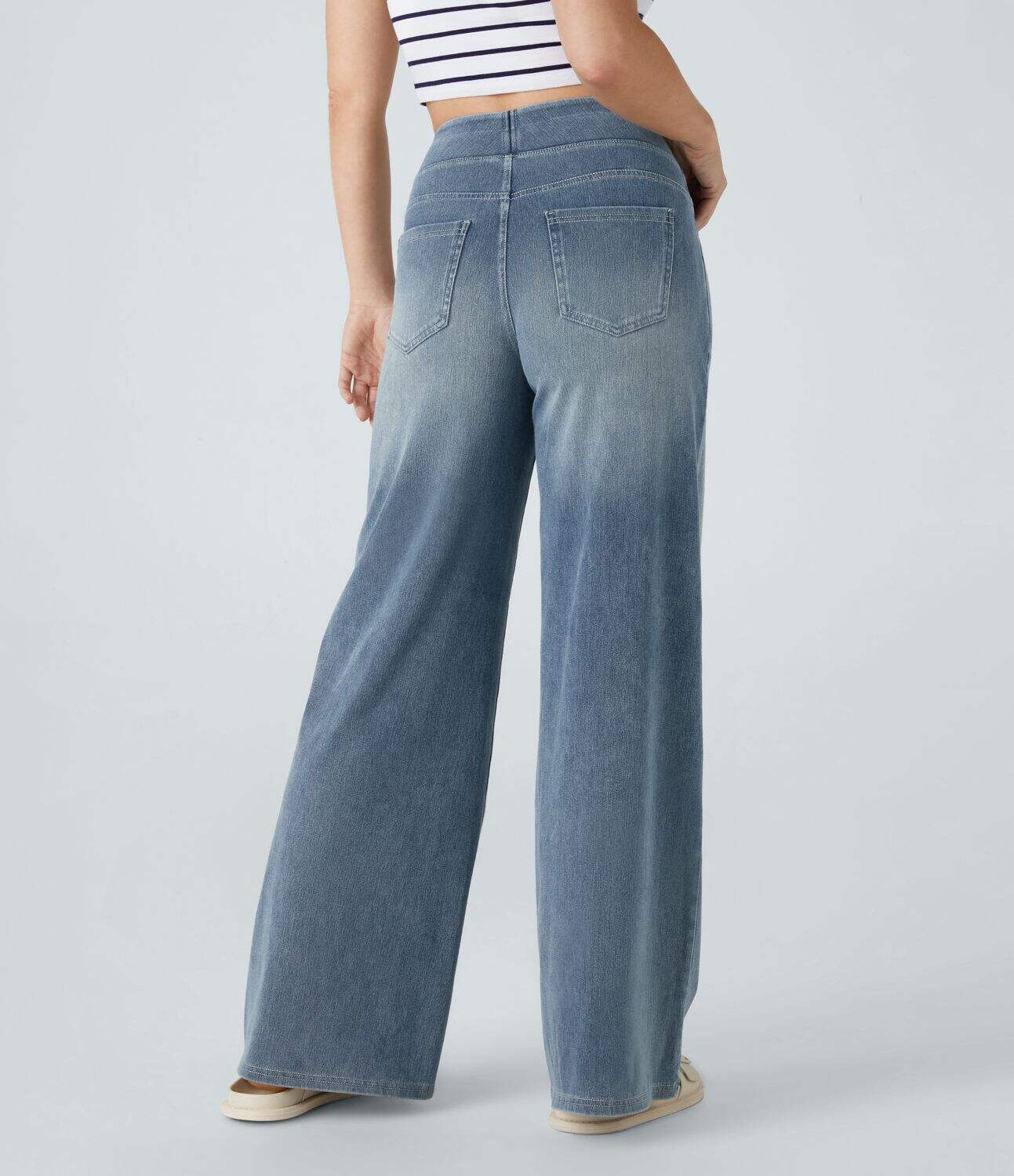 High Waisted Multiple Pockets Wide Leg Washed Stretchy Knit Casual Jeans