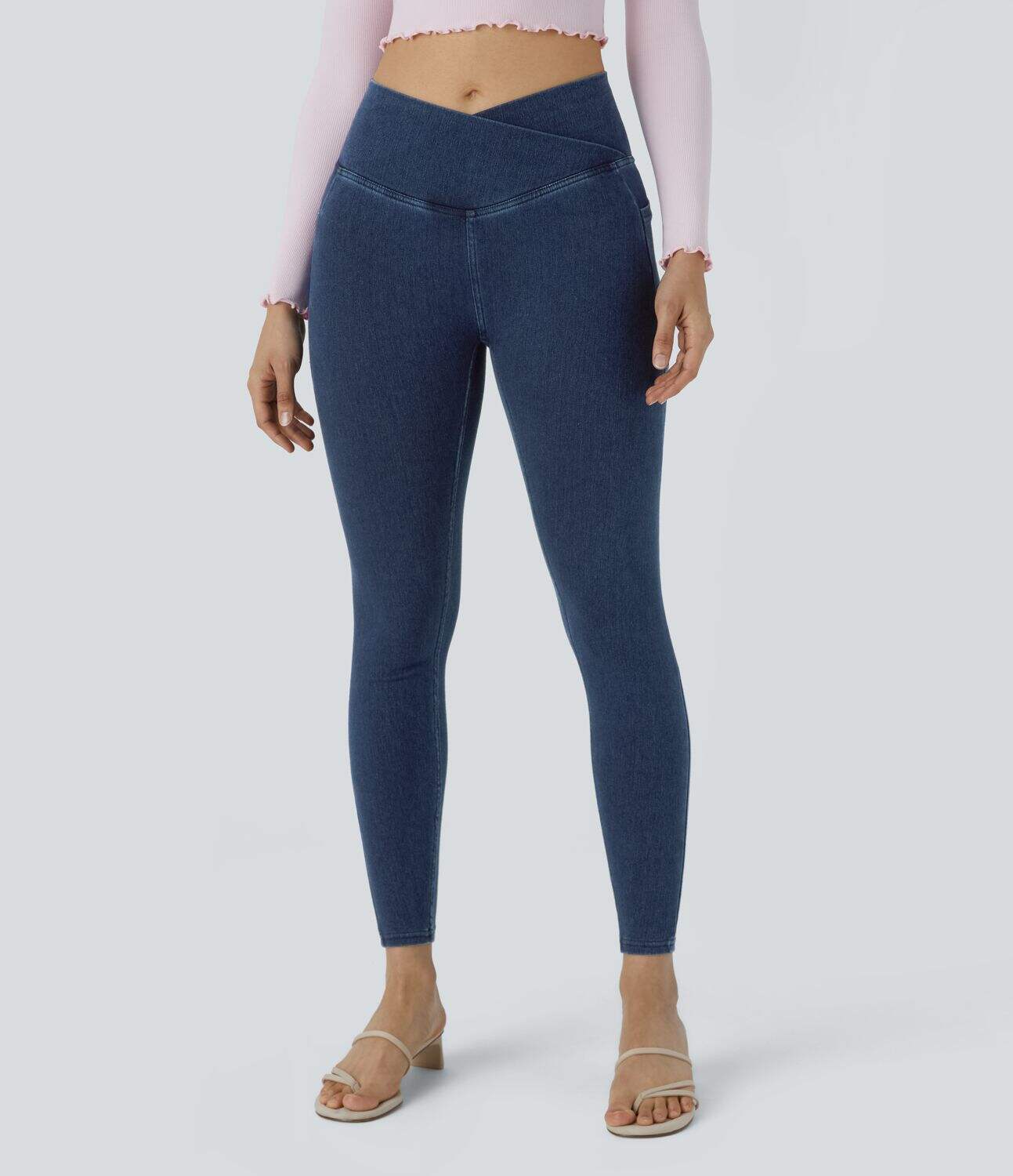 Crossover Side Pocket Washed Stretchy Knit Denim Work Leggings