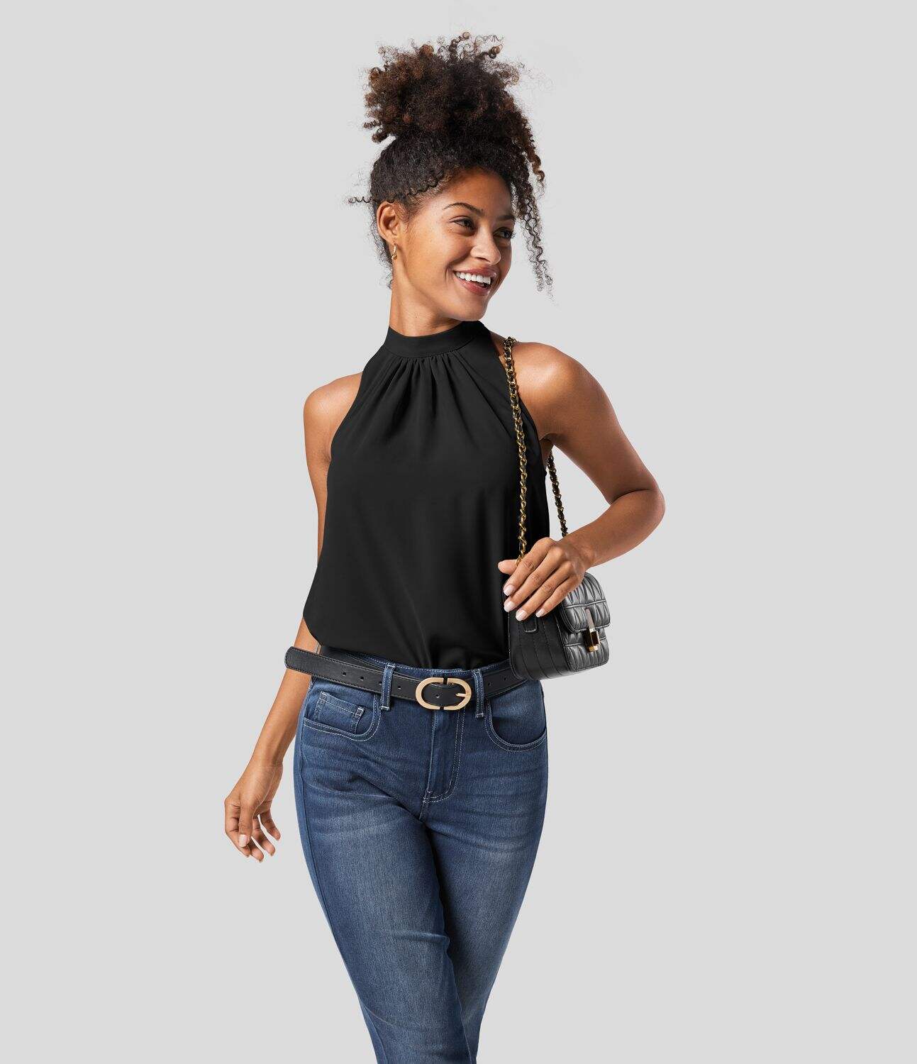 Keyhole Back Halter Plicated Sleeveless Curved Hem Work Blouse