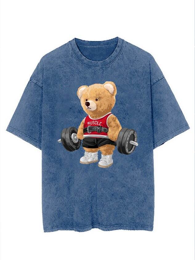 🐻 Fun Cotton Workout Bear Washed Fitness T-Shirt