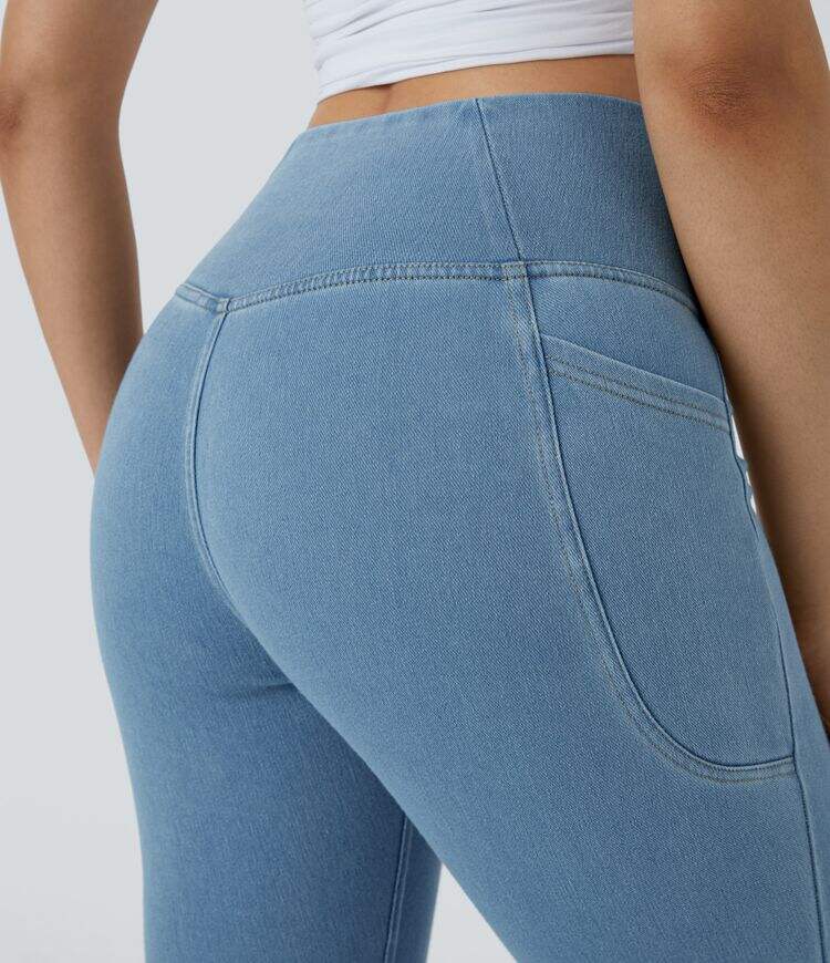 Crossover Side Pocket Washed Stretchy Knit Denim Work Leggings