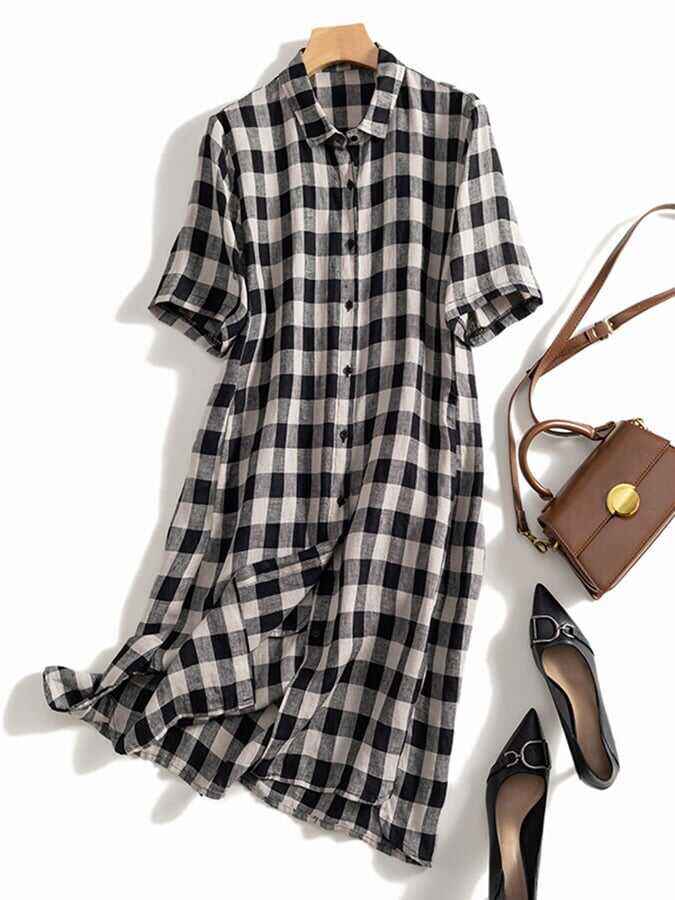 Polo Neck Short Sleeved Plaid Linen Shirt Skirt