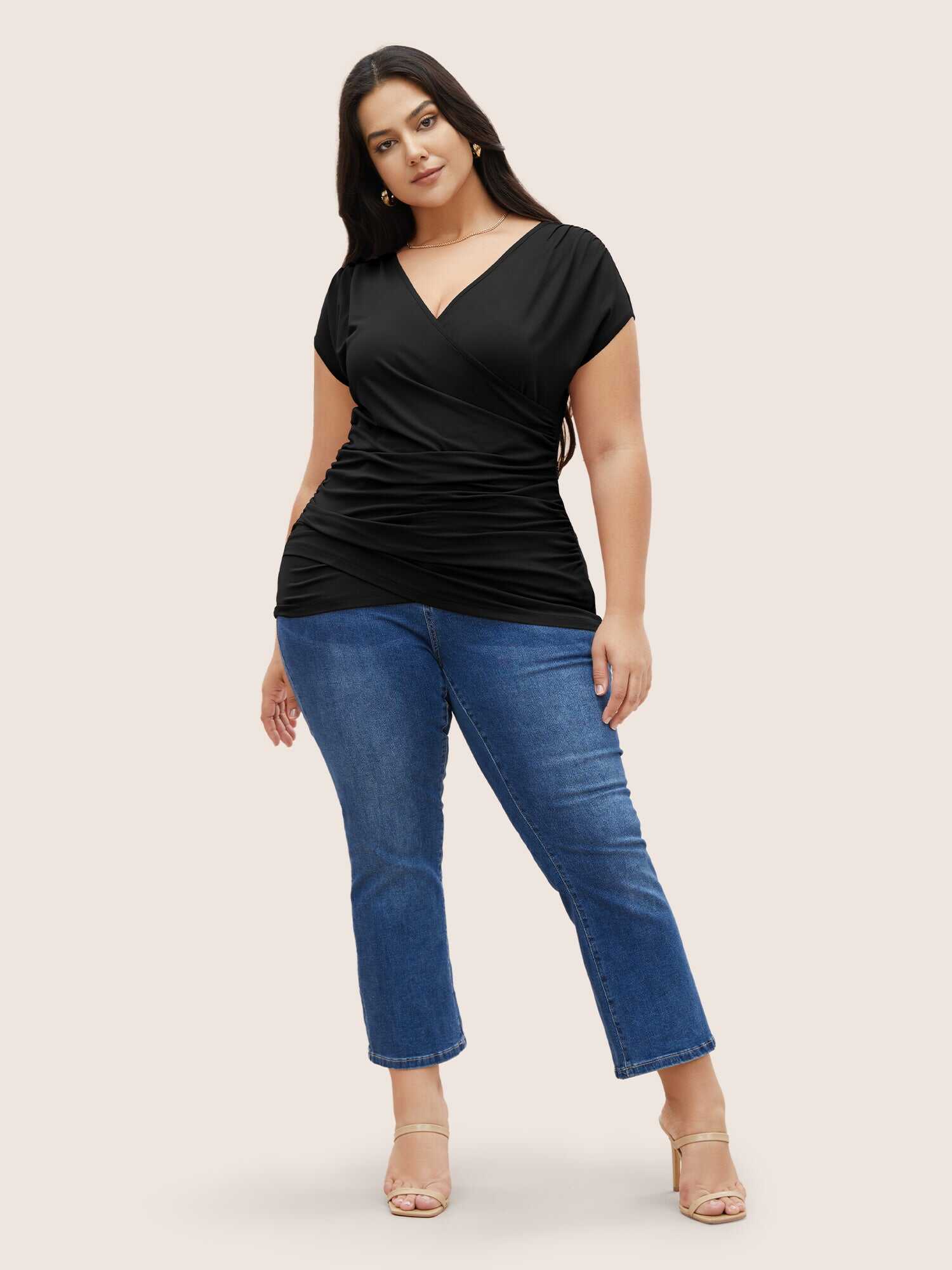 Plain Ruched Overlap Collar Dolman Sleeve Knit Top