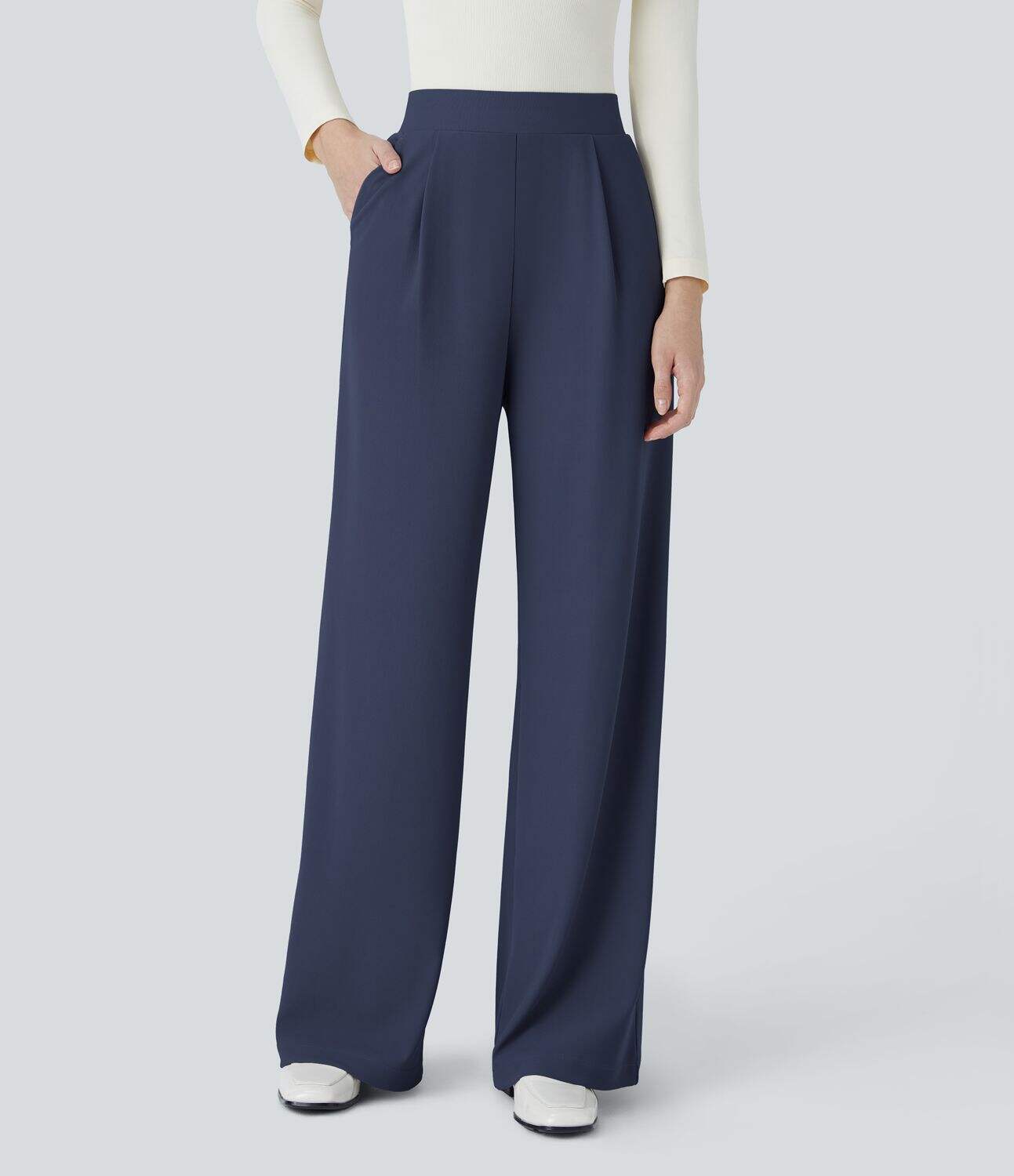 Ha High Waisted Body Sculpt Waist-Slimming Side Pocket Wide Leg Micro Waffle Work Pants