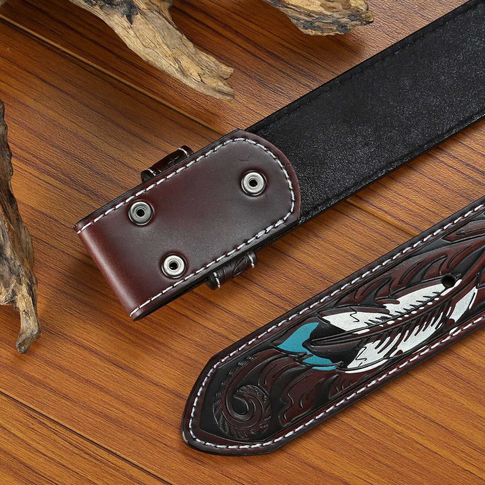 Men's Vintage Genuine Leather Punk Style Embossed Feather Snap Belt MTA0850E9U