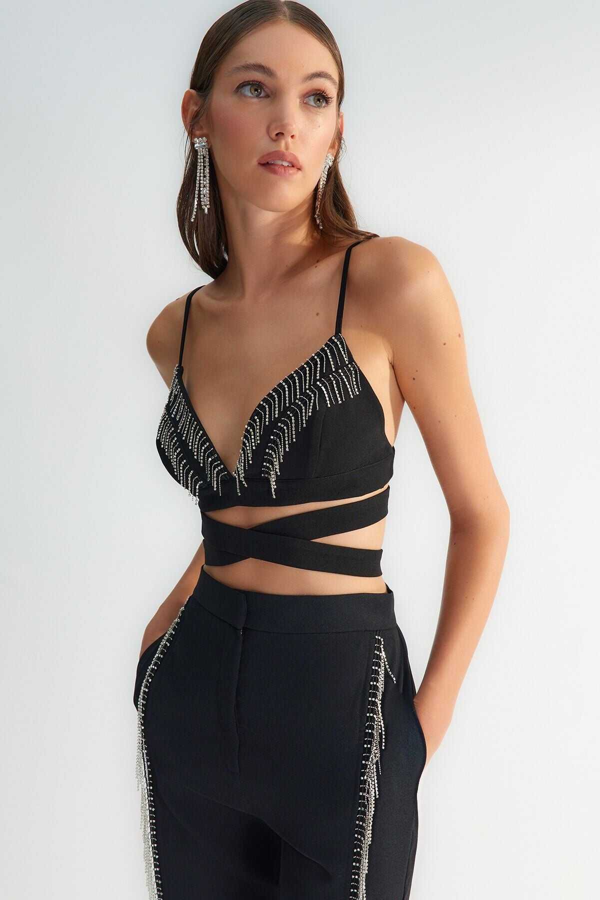 Silkcomo Black Embellished Crisscross Crop Top