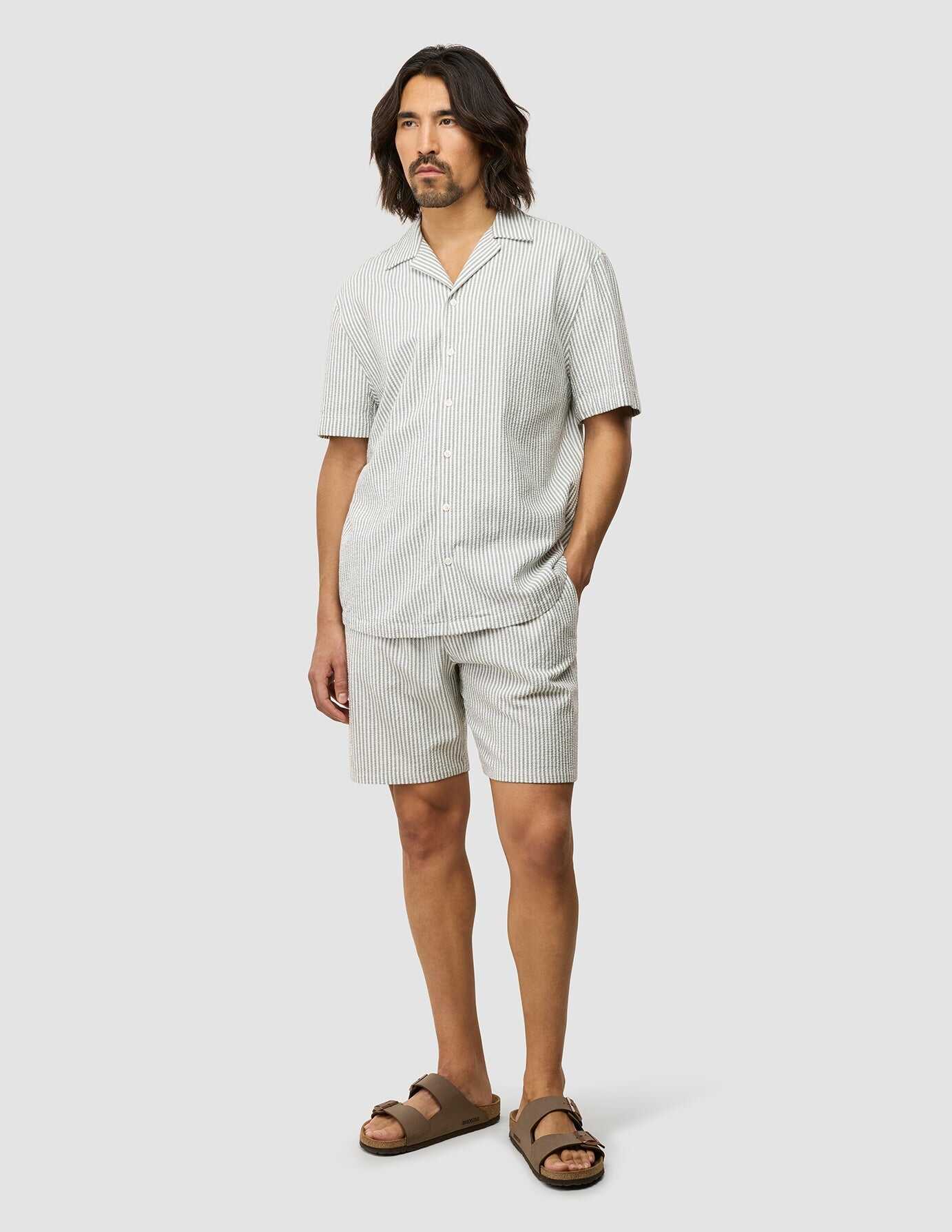 Seersucker Short Sleeve Shirt Green Stripes