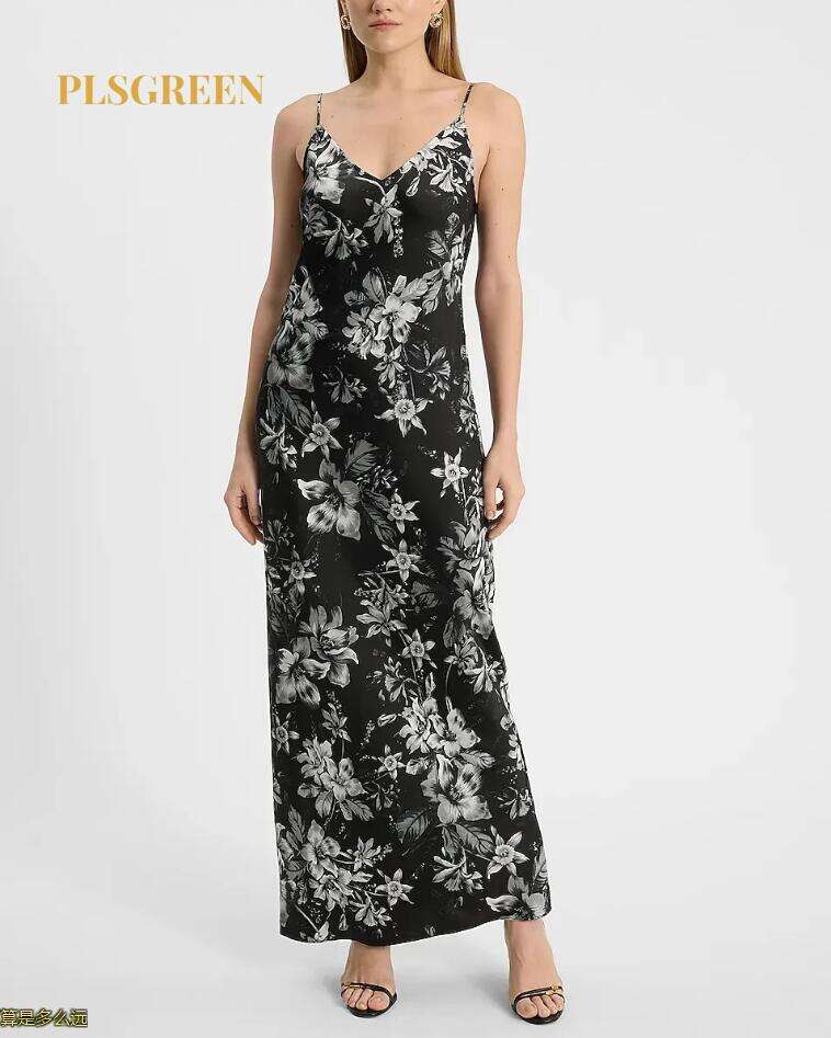 Floral Satin V-Neck Maxi Downtown Cami Slip Dress