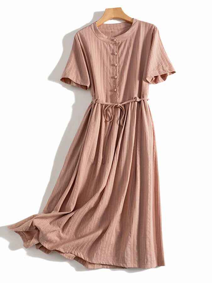 Jacquard Lace Up Waist Button Up Dress