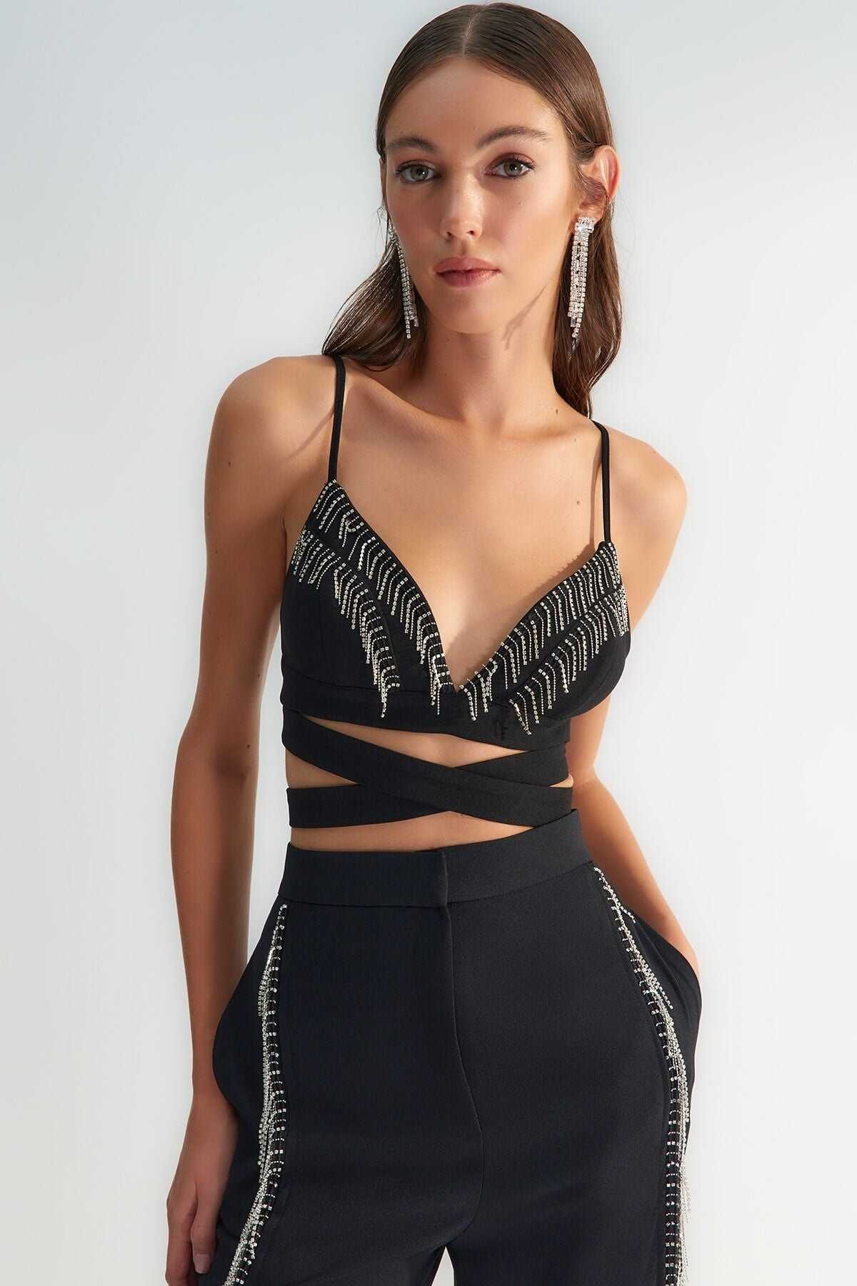 Silkcomo Black Embellished Crisscross Crop Top