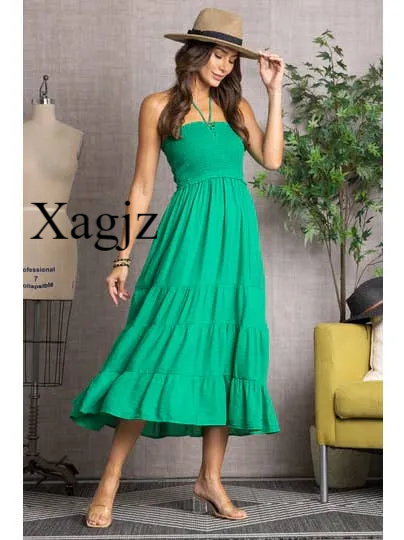 Shirred Bandeau Halter Strap Maxi Dress