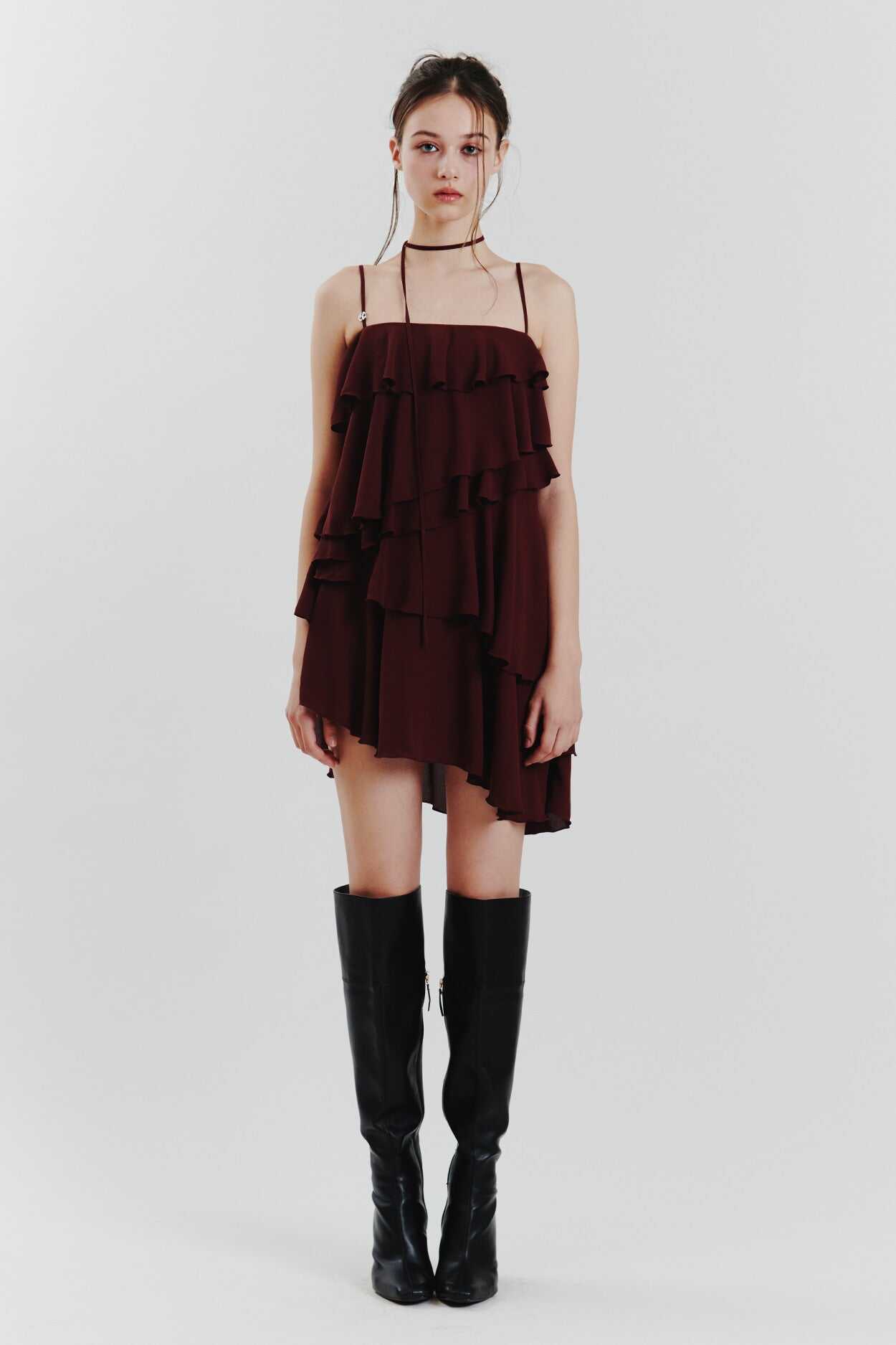 PAIN OR PLEASURE ELLA FRILL DRESS WINE