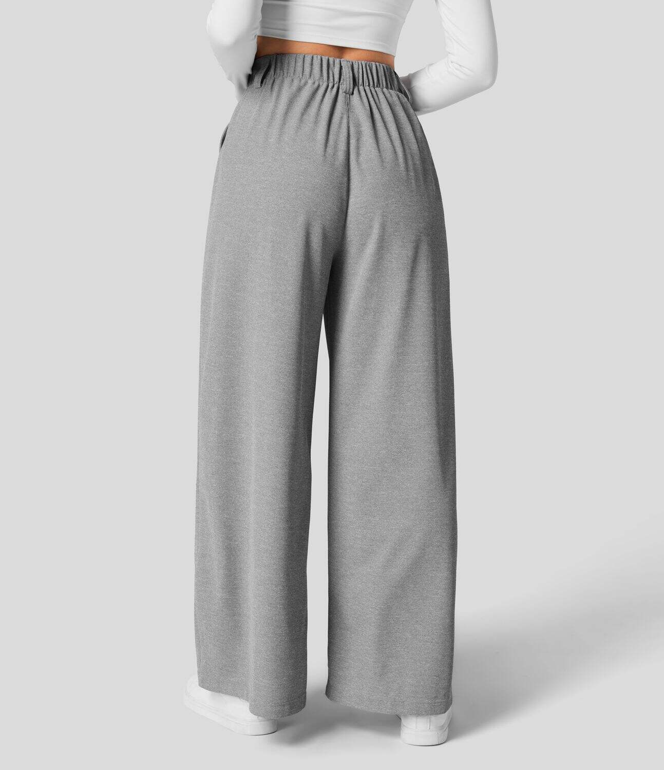 High Waisted Plicated Side Pocket Wide Leg Waffle Work Pants
