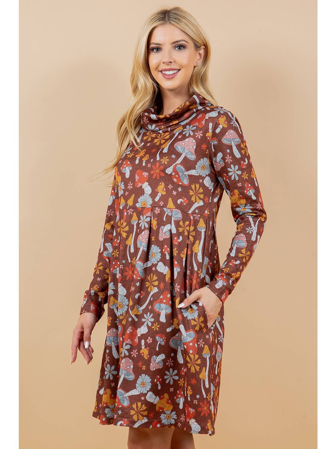 Brushed Hacci Hippy Mushroom Print Tunic Dress