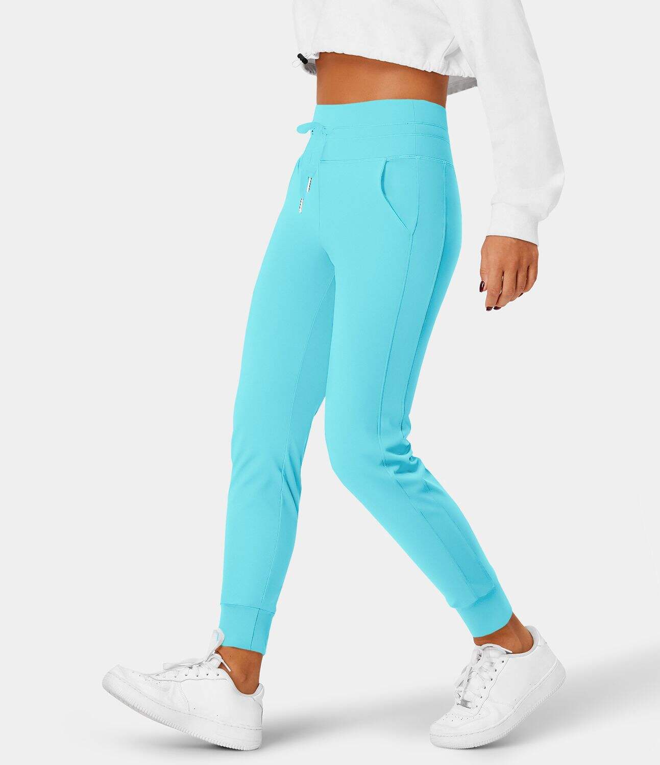 Airy High Waisted Drawstring Side Pocket Plain Cool Touch Full Length Joggers-UPF50+