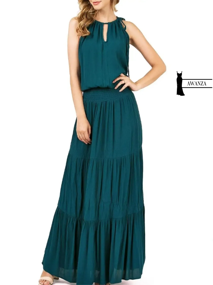 Teal Halter - Neck Tiered Maxi Dress