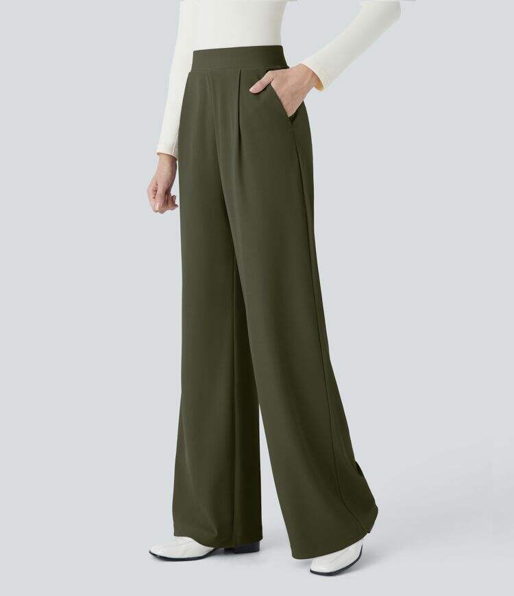 Ha High Waisted Body Sculpt Waist-Slimming Side Pocket Wide Leg Micro Waffle Work Pants