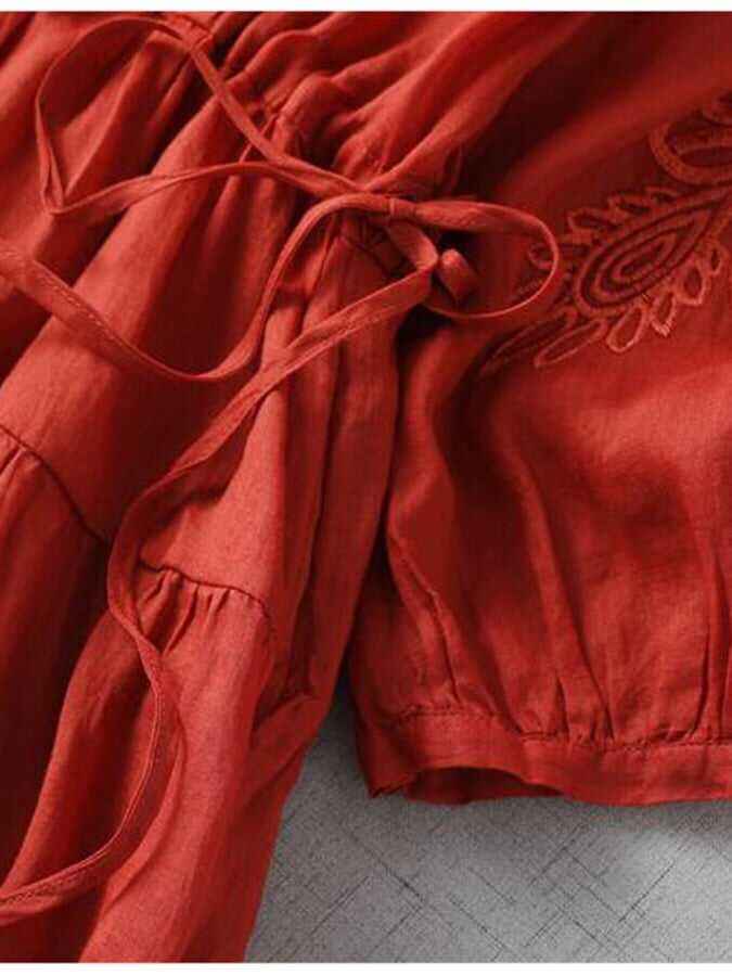 Solid French Cut Out Embroidered V-Neck Dress